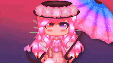 a girl with pink hair wearing a hat and holding an umbrella