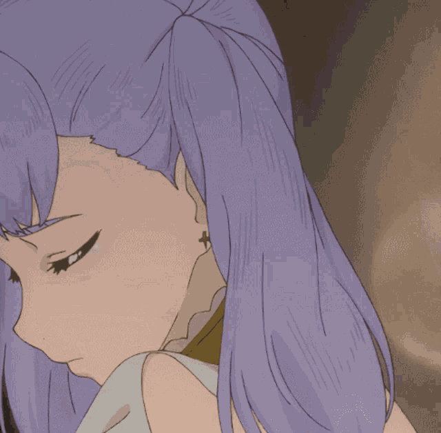 a close up of a girl with purple hair and earrings