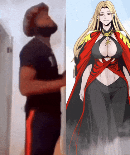 a man is standing next to a drawing of a woman with a red cape