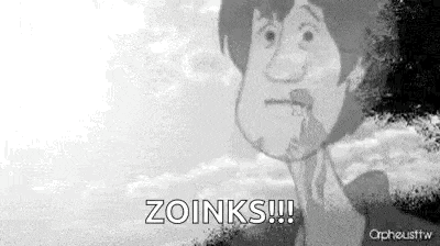 a black and white photo of a cartoon character with the words `` zoinks '' written on the bottom .