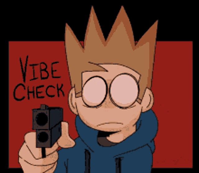 a pixel art of a boy holding a gun with the words vibe check written on the bottom
