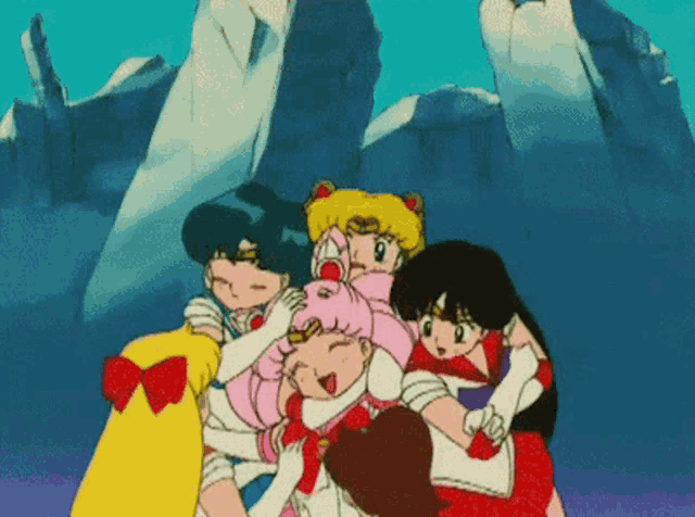 a group of girls are hugging each other in a cartoon .