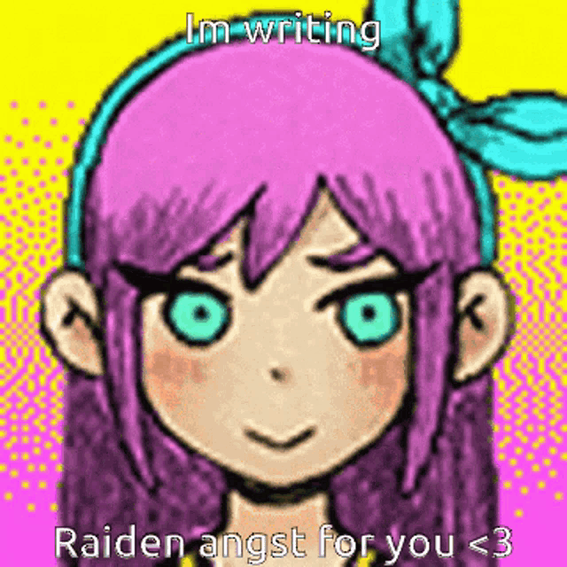 a pixel art drawing of a girl with purple hair and green eyes says i 'm writing raiden angst for you < 3
