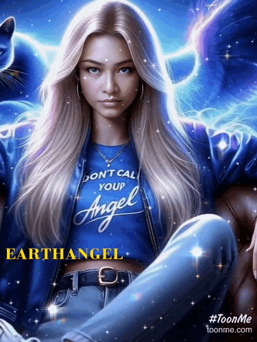 a girl in a blue shirt that says " don t call your angel "