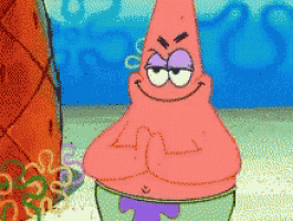 patrick star from spongebob squarepants is smiling with his arms crossed .