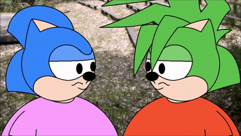 two cartoon characters looking at each other with one being blue and the other green