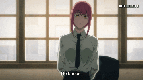 a woman with pink hair says no boobs