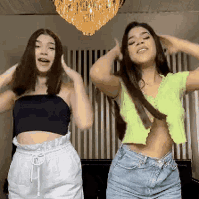two women are dancing together in a living room .