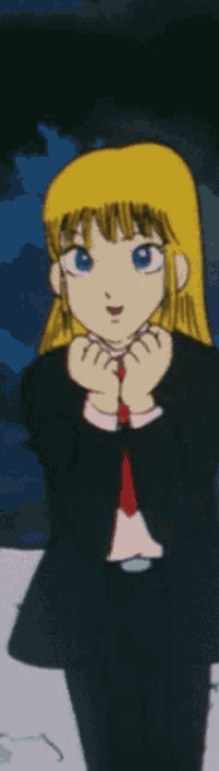 a cartoon girl with blonde hair and blue eyes is wearing a black suit and red tie