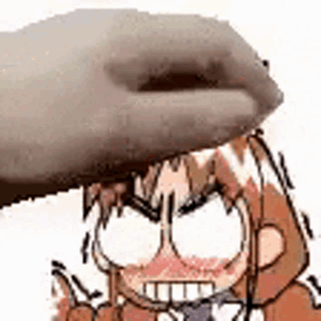 a hand is holding a cartoon character 's head and making a funny face .