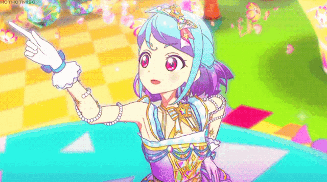 a girl with blue hair and red eyes is pointing up