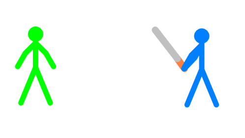 a green stick figure and a blue stick figure are standing next to each other on a white background