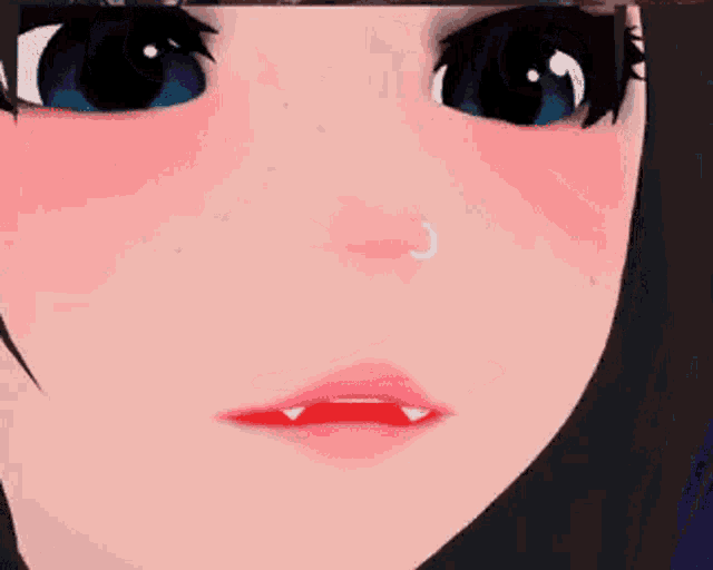 a close up of a girl 's face with a piercing in her nose .