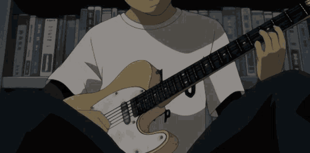 a person playing a guitar in front of a bookshelf with a book titled ' a brief history ' on the top