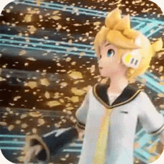 a cartoon character with a cat ear and headphones is standing in front of a piano keyboard .