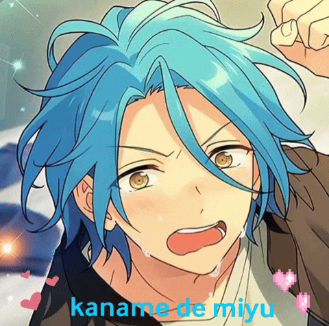 a picture of a boy with blue hair and the words kaname de miyu on the bottom
