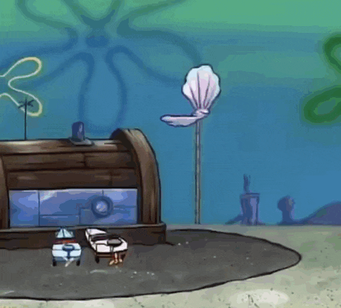 a cartoon drawing of a spongebob house with a seashell on top