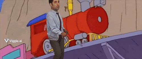 a man in a suit and tie is standing next to a red train with a viggle.ai logo behind him