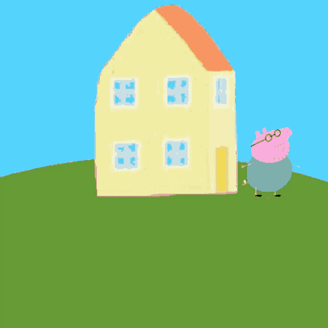 a cartoon of peppa pig flying through a huge explosion