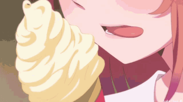 a girl is eating an ice cream cone with her tongue hanging out