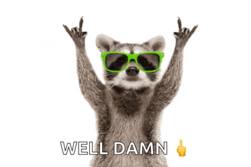 a raccoon wearing green sunglasses and giving the middle finger