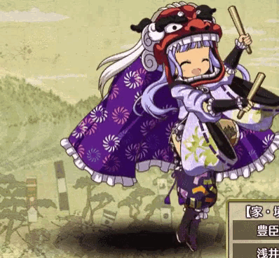 a girl in a purple dress is holding a drum and a drumstick