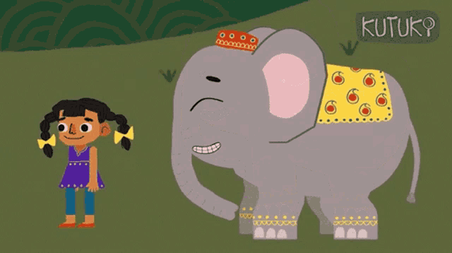 a cartoon drawing of a girl and an elephant with the word kutuko on the bottom left