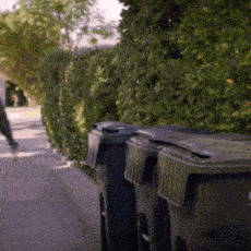a row of garbage cans on a sidewalk with a hedge in the background