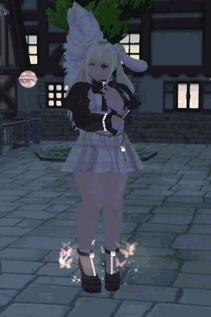 a girl with a bunny tail is standing on a tiled floor