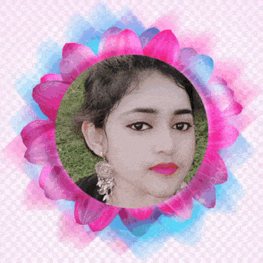 a woman 's face is surrounded by pink petals on a transparent background