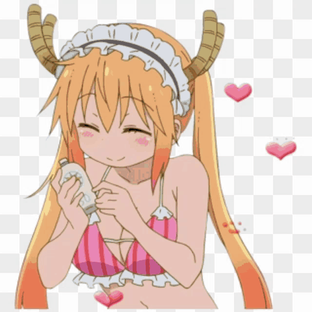 a girl with horns is holding a bottle of something