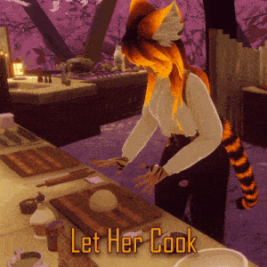 a computer generated image of a woman in a kitchen with the words let her cook above her