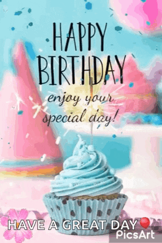 a happy birthday greeting card with a cupcake and a candle .