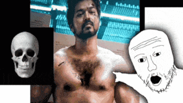 a man without a shirt is next to a skull and a cartoon of a man with a beard
