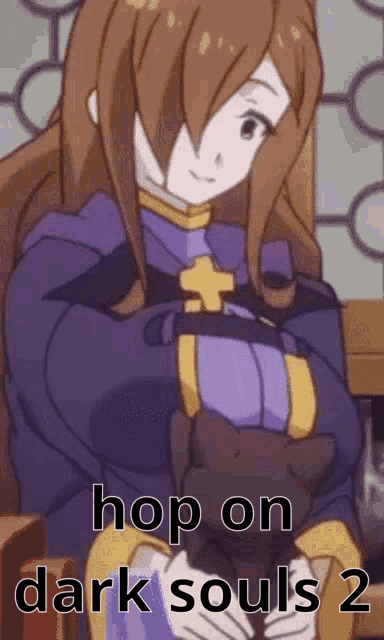 a cartoon girl is holding a cat and says `` hop on dark souls 2 ''