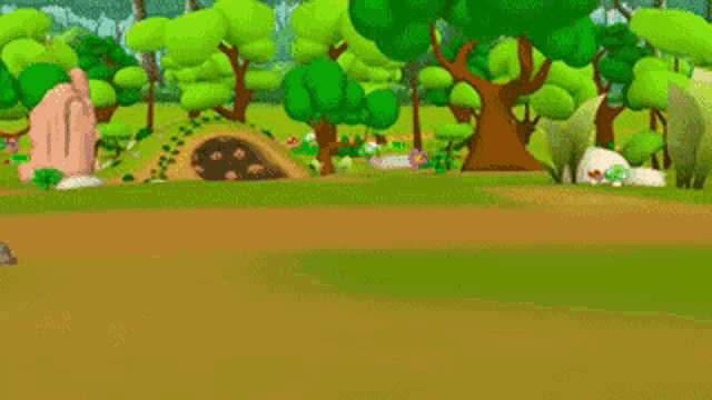 a cartoon scene of a forest with trees and rocks