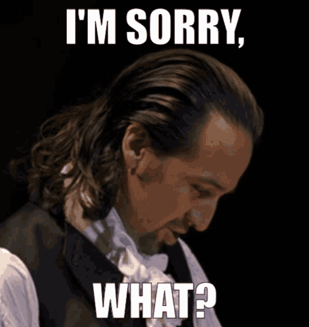 a man with long hair and a beard says " i 'm sorry what ? "