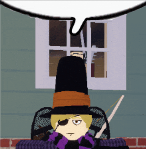 a cartoon character sitting in front of a window with a speech bubble above it