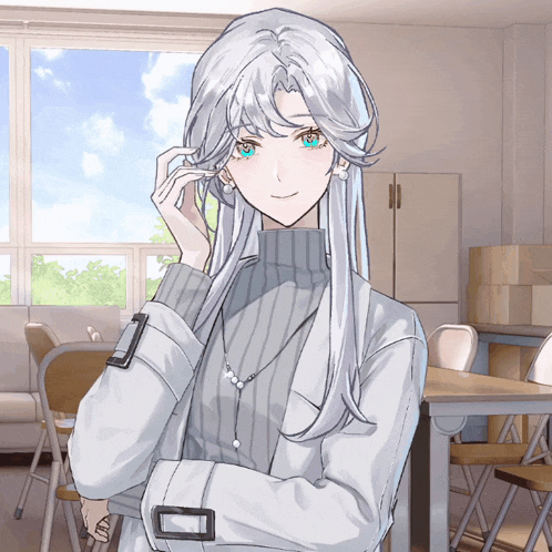 a girl with white hair and blue eyes stands in a room with folding chairs