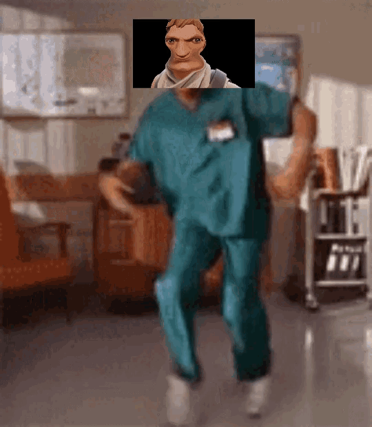 a man in scrubs is dancing in a room with a picture of a cartoon character behind him