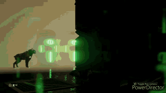 a screenshot of a video game shows a wolf and a toggle free camera button