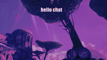 a purple background with the words hello chat above a tree