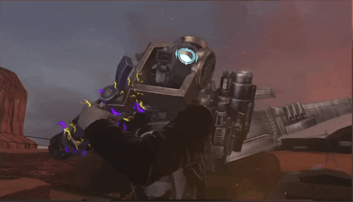 a video game character is holding a gun with a purple light on it