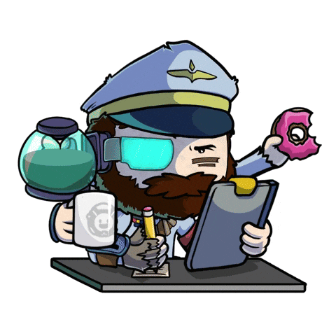 a cartoon drawing of a man with a beard holding a donut and a clipboard