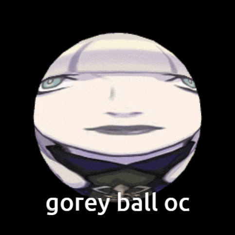 a white sphere with a face on it and the words gorey ball oc
