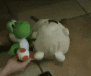 a person is holding a stuffed animal that looks like a frog and a dog