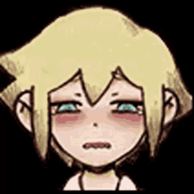 a close up of a cartoon character with blonde hair and blue eyes making a sad face .