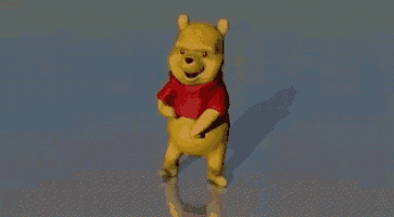 winnie the pooh is wearing a red shirt and dancing on a blue surface .