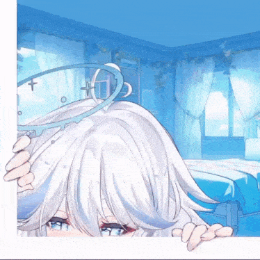 a girl with white hair and blue eyes is peeking out of a blue room