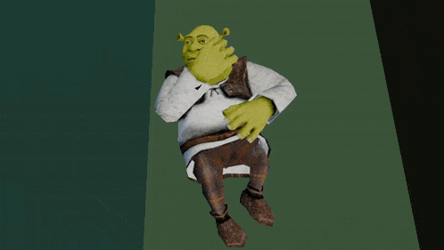 shrek is covering his mouth with his hand while standing on a green background